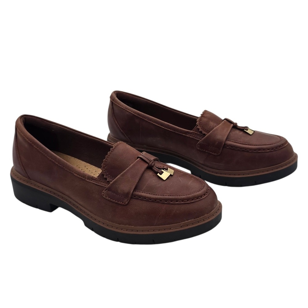 Clarks Collection Brown Leather Tassel Loafer 7.5 Gold Hardware Dark Academia